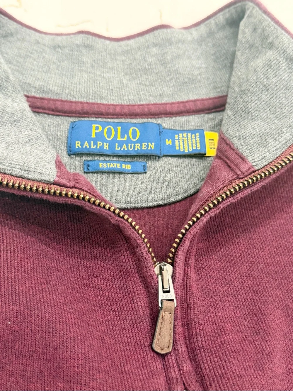 Polo by Ralph Lauren Men's Maroon Quarter-Zip Sweater with Grey Collar